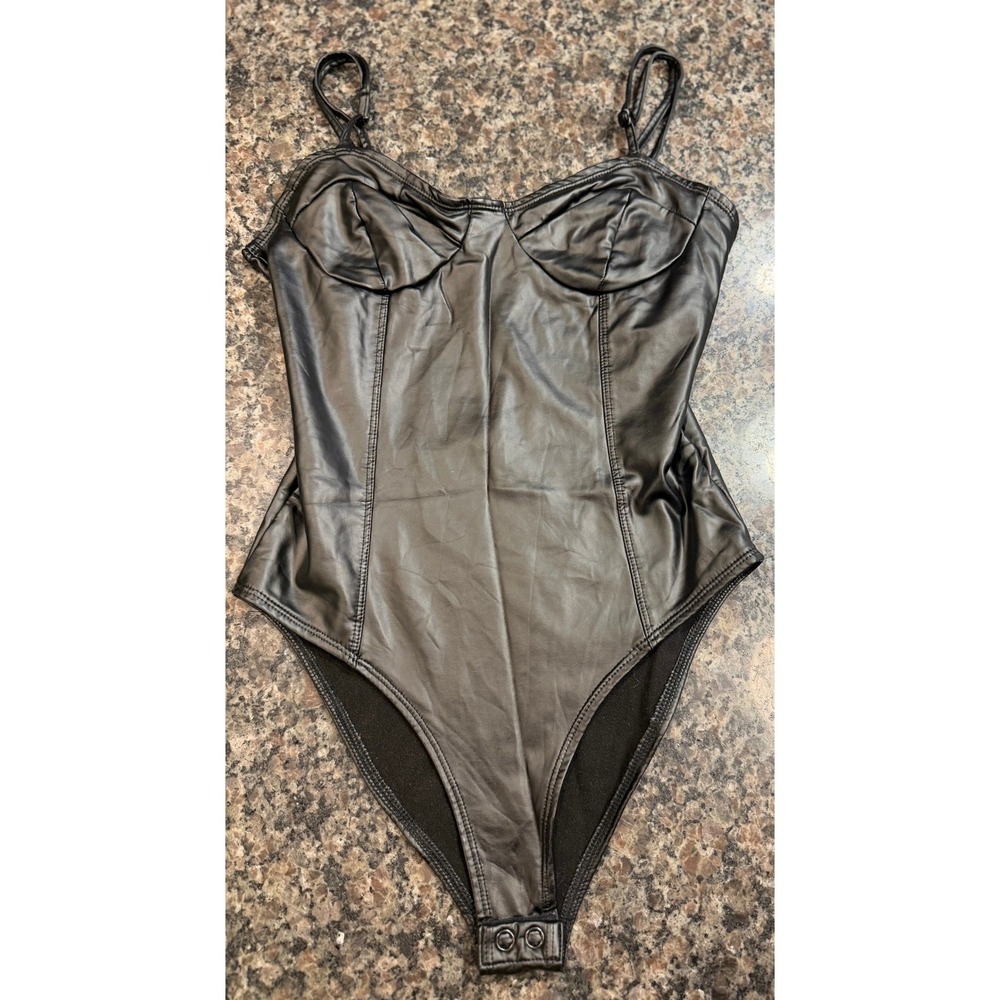 Forever 21 Black Faux Leather Bustier Bodice Bodysuit Small Snap Gusset Edgy